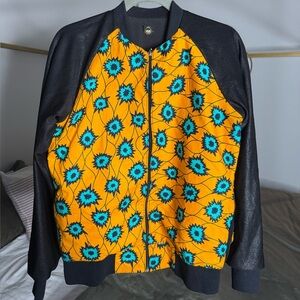 EVS Floral Tribal Pattern Baseball Jacket Womens M Yellow Black Zip Up Farm Rio